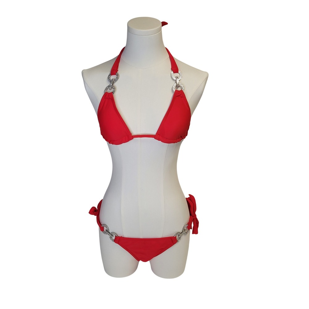 Sexy Red Triangle Bikini Set Halter Two Piece Swimsuit Side Tied Small